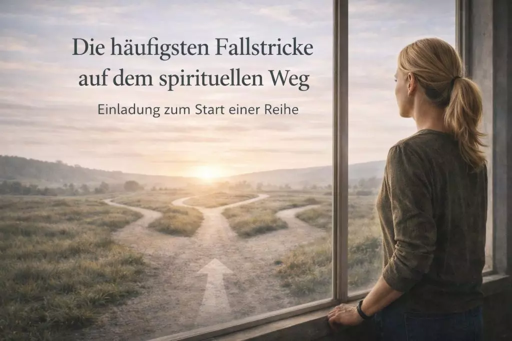Frau blickt auf Weggabelung als Symbol für Fallstricke auf dem spirituellen Weg