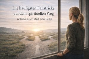 Frau blickt auf Weggabelung als Symbol für Fallstricke auf dem spirituellen Weg