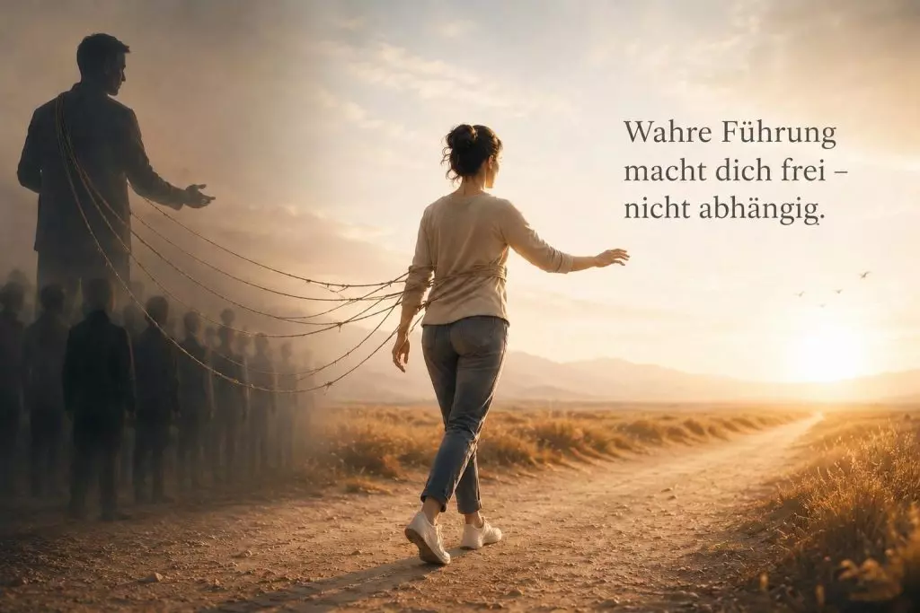 Frau geht auf einem hellen Weg in die Freiheit, während dunkle Gestalten und Fäden im Hintergrund Abhängigkeit symbolisieren.